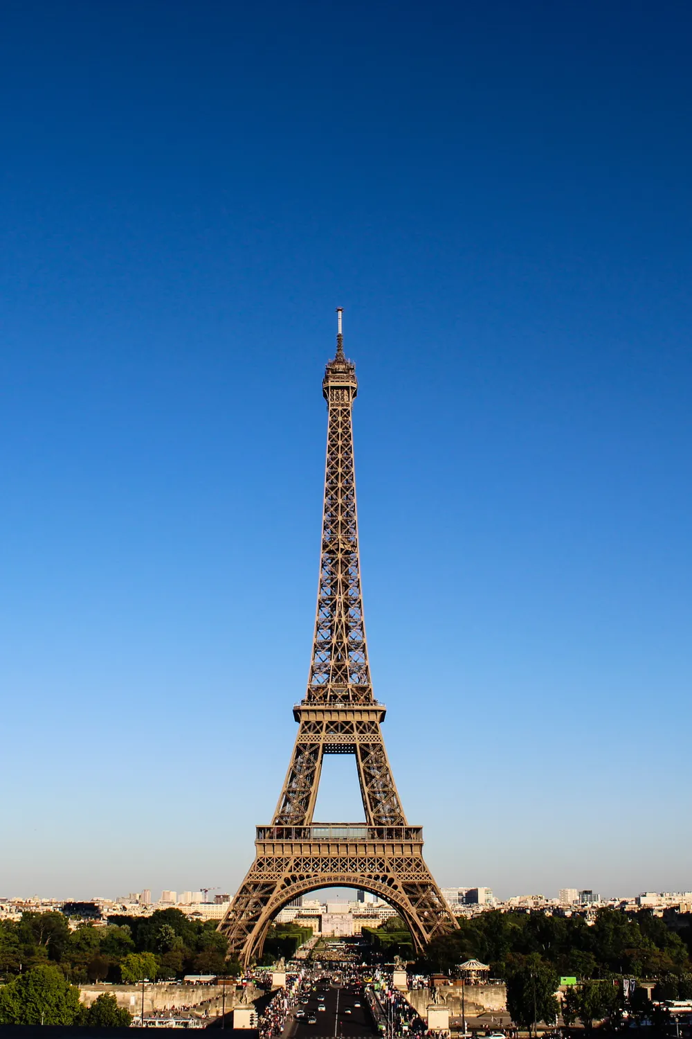 The Eiffel Tower against a clear blue sky in Paris