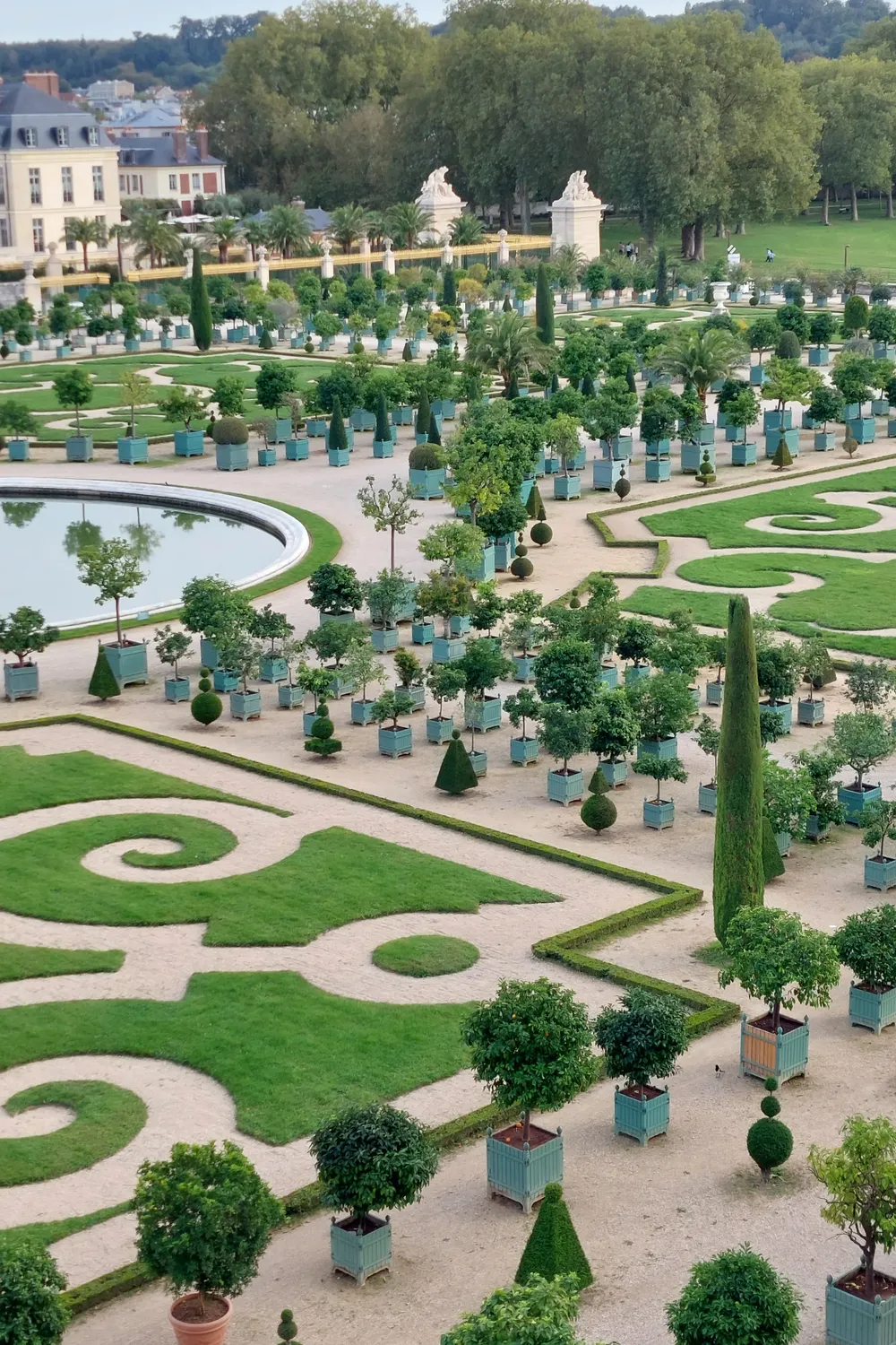 The formal gardens of the Palace of Versailles seen from above