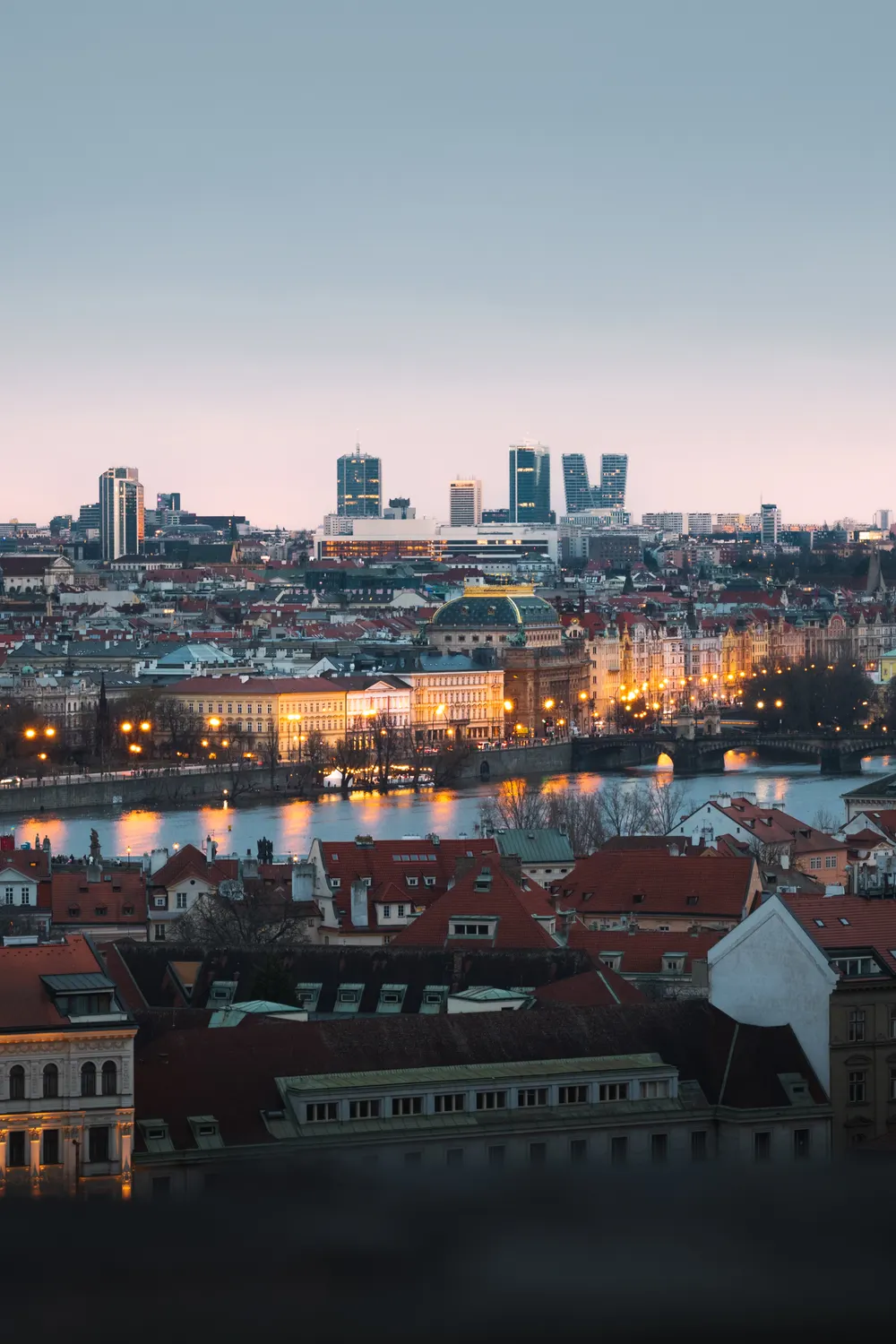 A view over Prague's red rooftops from a hillside park