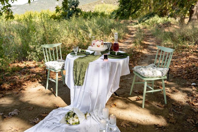 A table for two set with flowers and candles on a woodland path, waiting for the proposal