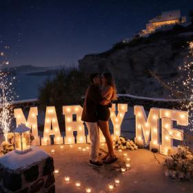 A couple kisses in front of large, illuminated letters spelling MARRY ME, surrounded by candles and sparkling fireworks against the breathtaking Santorini caldera at night. The magical atmosphere, dramatic views, and warm candlelight create an unforgettable proposal moment in one of the world’s most romantic destinations.