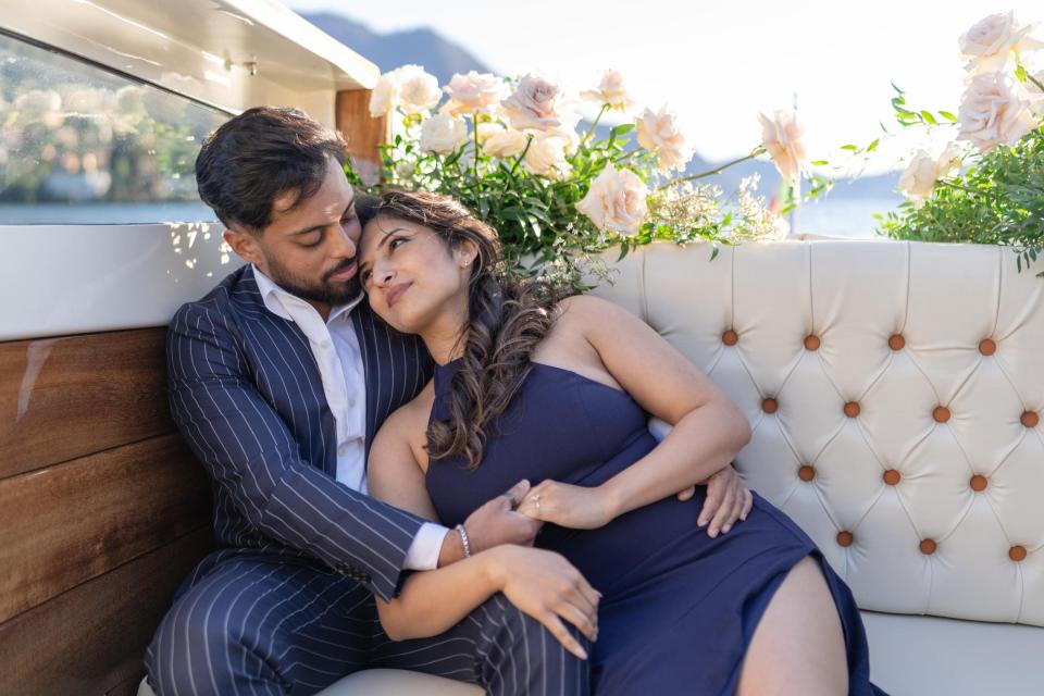 Newly engaged couple celebrating their Lake Como proposal during a romantic private experience