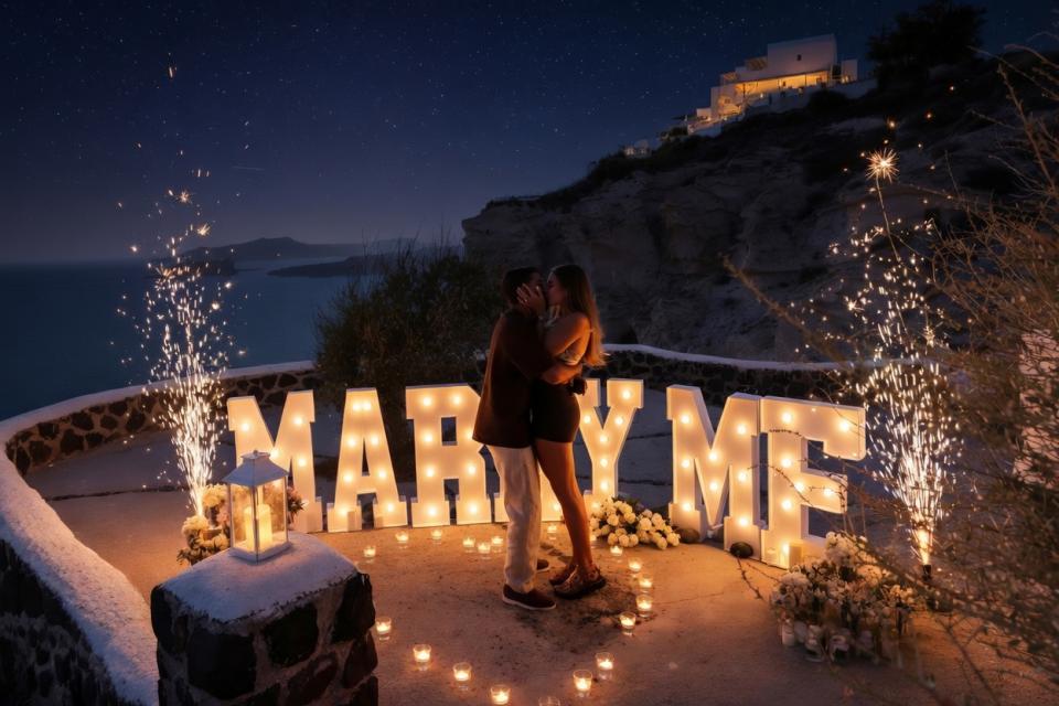 A couple kisses in front of large, illuminated letters spelling MARRY ME, surrounded by candles and sparkling fireworks against the breathtaking Santorini caldera at night. The magical atmosphere, dramatic views, and warm candlelight create an unforgettable proposal moment in one of the world’s most romantic destinations.