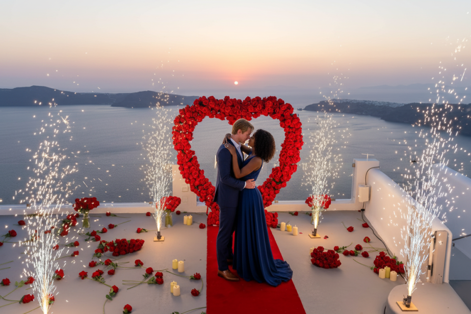 A couple embraces on a red carpet before a large heart-shaped floral arch, surrounded by scattered red roses, candles, and sparkling pyrotechnics  against the breathtaking Santorini caldera..