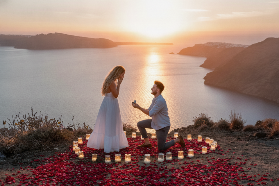 A man kneels to propose to a woman on a cliffside covered in red rose petals and candles, with the ocean and sunset in the background in Santorini.