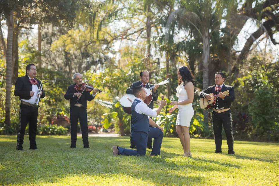 A proposal on the lawn at Leu Gardens in Orlando, with a mariachi band playing around the couple