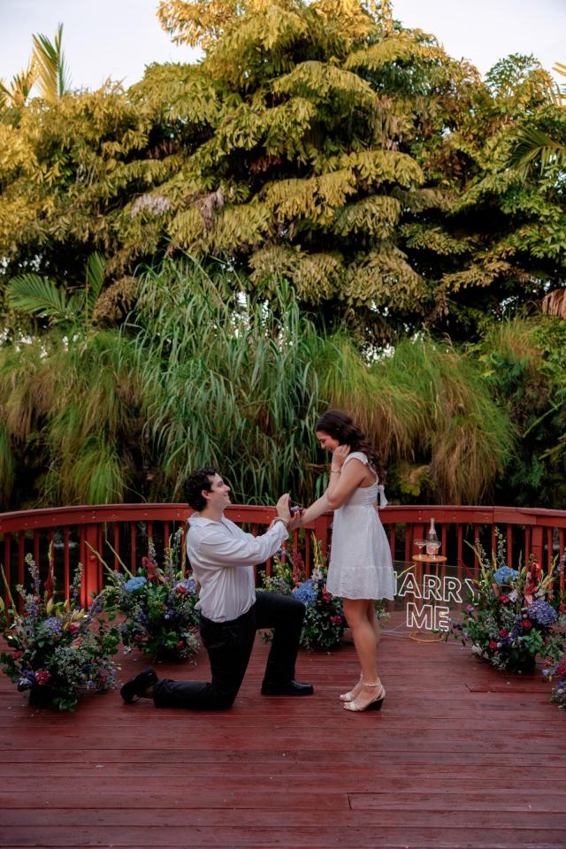 Romantic marriage proposal on a floral heart-shaped garden pier